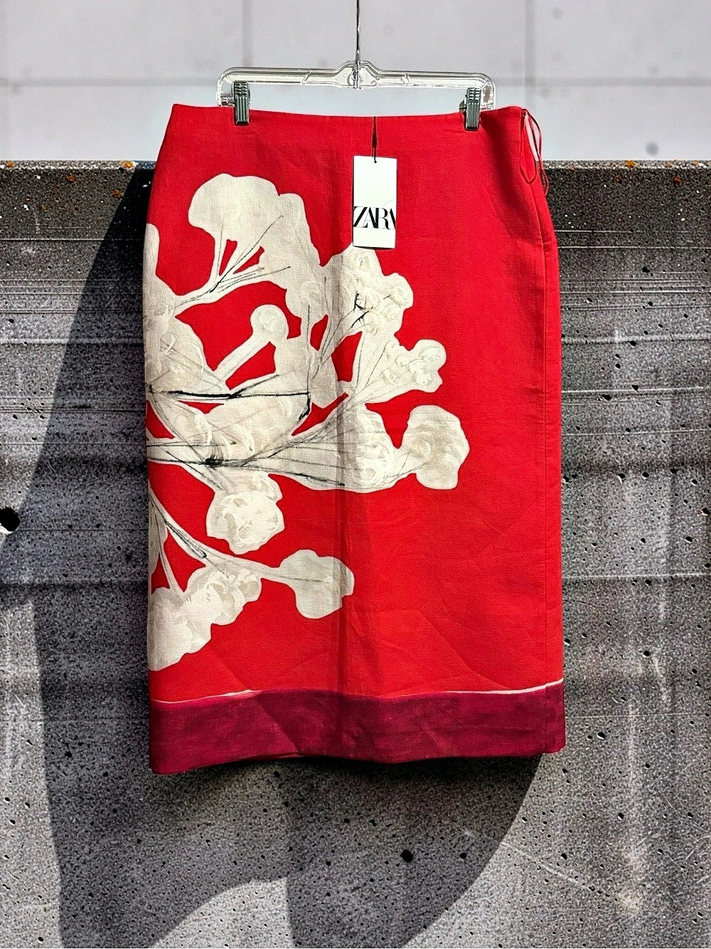 Zara ZW Collection Linen Blend Pencil Skirt Red & White XL